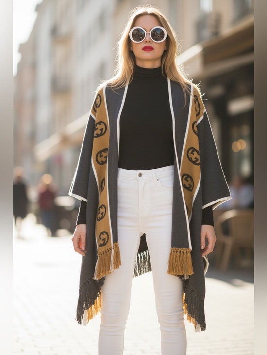 Gucci Sweaters - Gucci Slate & Camel Logo-Trim Open Front Poncho